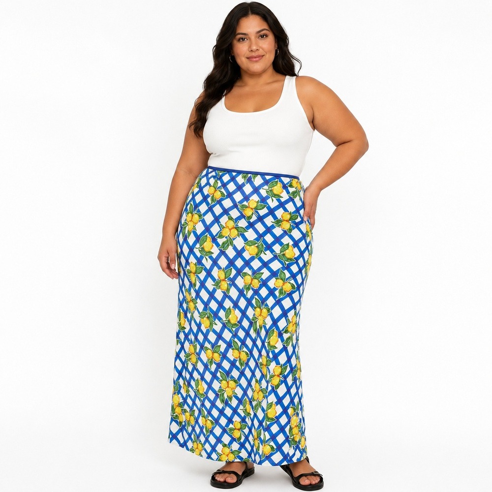 Conditions Apply Anthropologie Blue Gingham Lemon Print Maxi Skirt 2X Plus Size